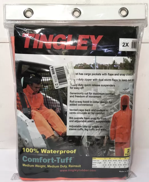Tingley Blaze Orange Jacket/Bib Overall Complete Rain Suit, XXL New
