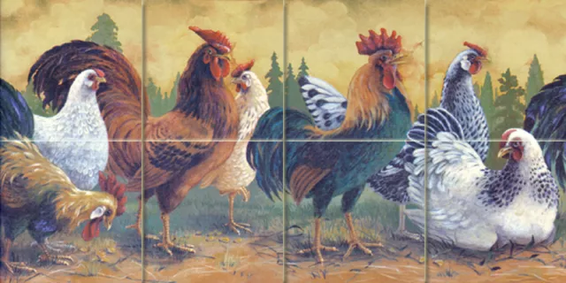 17 x 8.5 Art Mural Ceramic Countryside Hen Rooster Backsplash Bath Tile #400