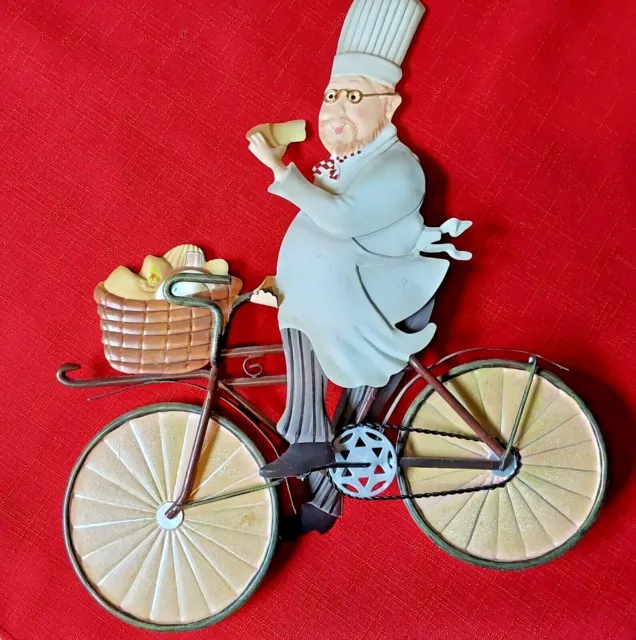 Bistro Chef On Bicycle Bread  Signed Shari Warren 11.5"x9.5" Wall Art Basket