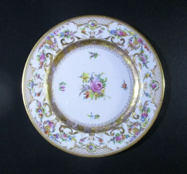 Antique Ambrosius Lamm Dresden - 8" Salad Plate, Flowers w Raised Gold 1887-1915