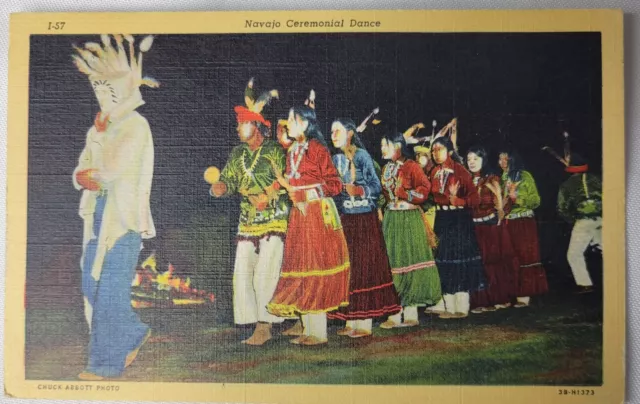 Native Americana Postcard Navajo Indian Ceremonial Dancers Linen