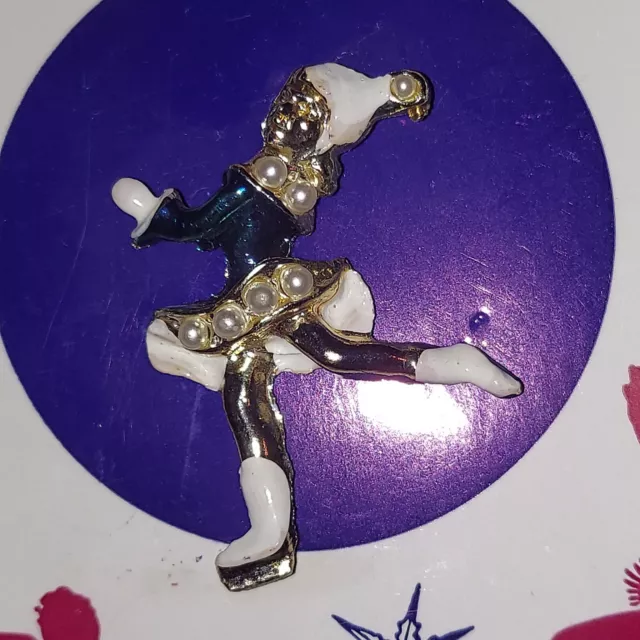 Vintage Figure Skater Ice Skater Blue & White Faux Pearl Enamel Pin Brooch 1950s