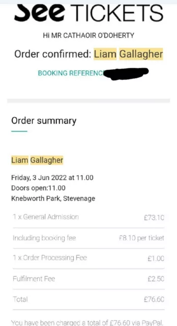 liam gallagher knebworth ticket x 1 Friday 03/06/22