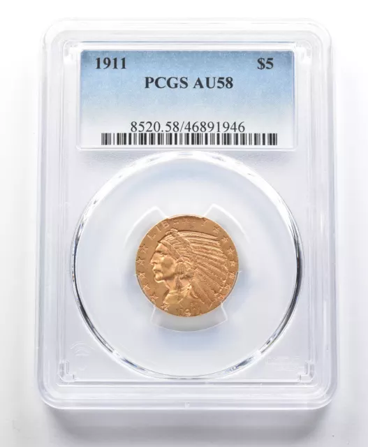 AU58 1911 $5 Indian Head Gold Half Eagle PCGS *2750
