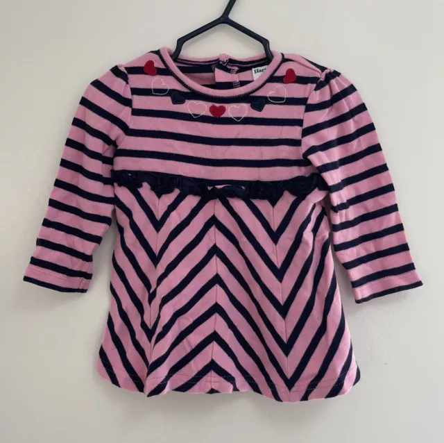 Hartstrings Baby Girl Embroidered Hearts Striped 3/4 Sleeve Top Pink Navy 18 M