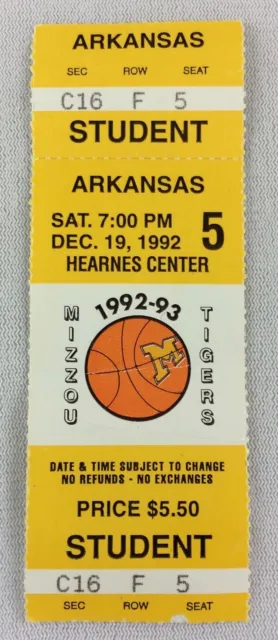 1992 12/19 Arkansas Razorbacks at Missouri Tigers Basketball Ticket Stub