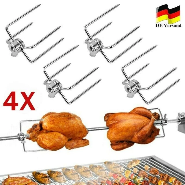 4x BBQ Spiessgabel Grill Fleischklammer Fleischnadeln Für Grillspiess Drehspiess