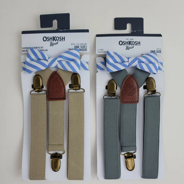 Oshkosh Boys Suspenders and Blue Stripe Bow Tie Set Tan OR Gray You Choose