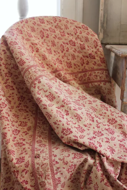 Fabric Antique French floral Chintz w/ border Jouy red print cotton textile 1830