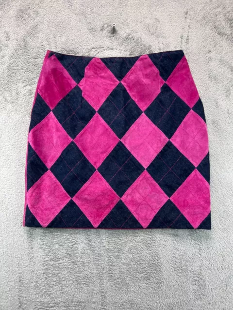 Wilsons Maxima 100% Leather Mini Skirt Womens 8 Pink Suede Denim Argyle Lined