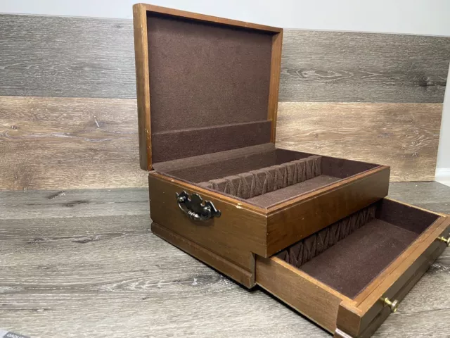 Wood Silverware Flatware Storage Chest Box w/Drawer 12 Settings Brown