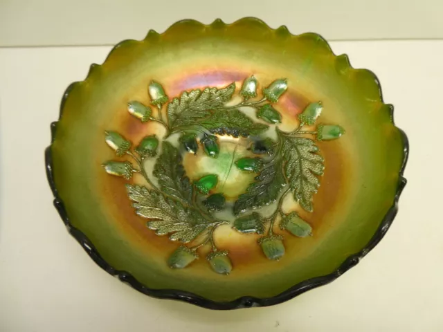 Antique Green Carnival Glass Acorn Oak Leaf Bowl