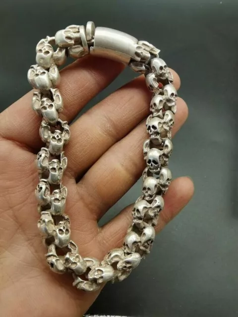 Old Chinese tibet silver hand-carved Skull lucky Bracelet