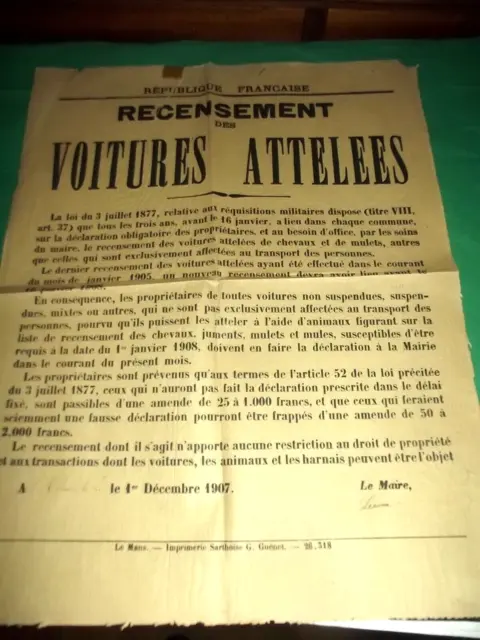 Affiche  RÉPUBLIQUE  FRANÇAISE  " RECENSEMENT des  VOITURES  ATTELÉES " 1907