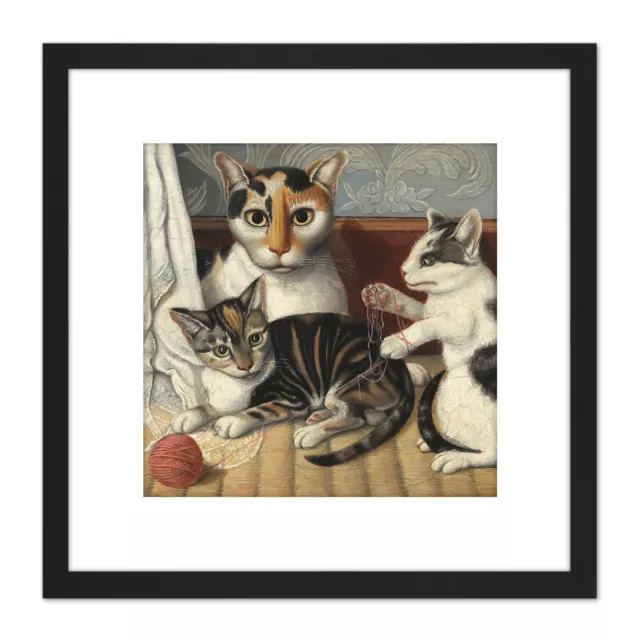 Painting 19th Century American Cat And Kittens Square Framed Wall Art 8X8 In