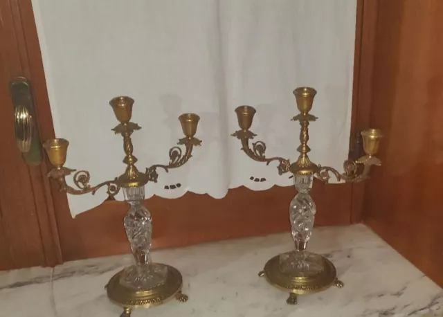 Coppia di candelabri vintage primi anni 60 candelieri ottone e cristallo 2