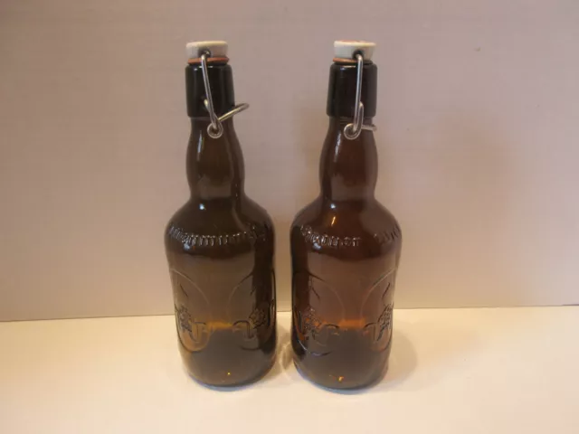 2 Vintage Brauer Bier Altenmuster Bottles Amber Brown Glass Porcelain Tops Beer