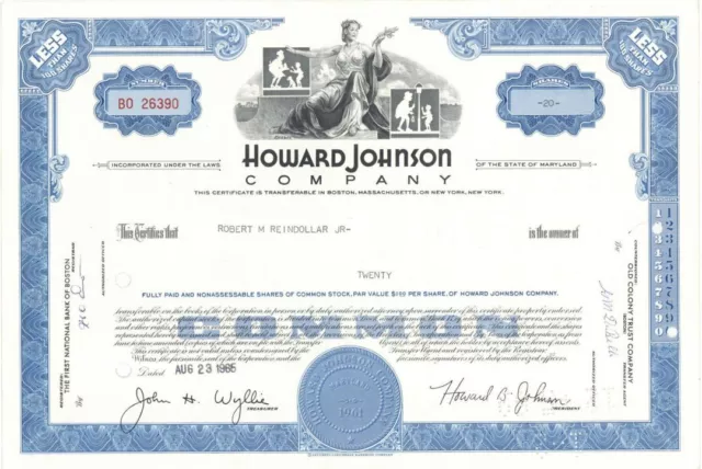 Howard Johnson Co. - 1960's-70's dated Restaurant & Hotel Chain Stock Certificat