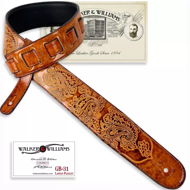 Walker & Williams GB-31 Latigo Tan Padded Leather Strap with Vintage Paisley