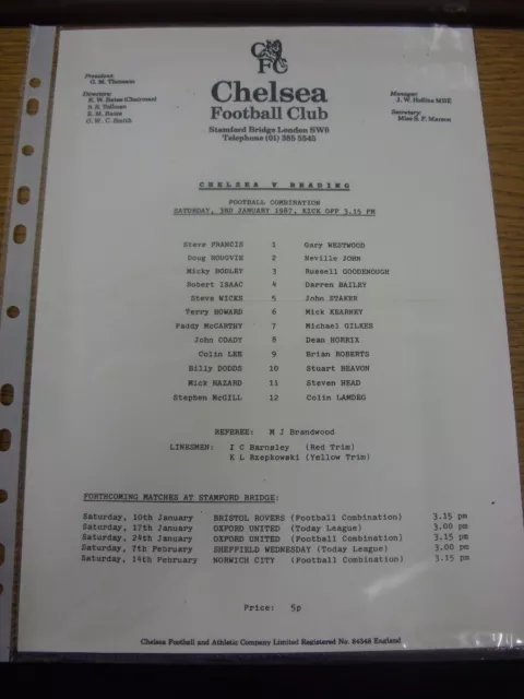 03/01/1987 Chelsea Reserves v Reading Reserves  (Single sheet, Folded). Footy Pr