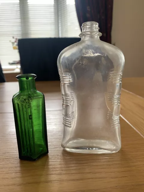 Two Old Vintage Glass Medicine Chemist Bottles, Green, Clear