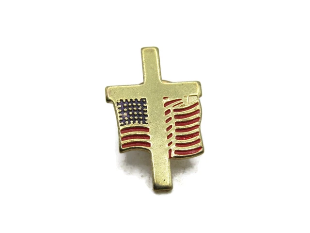 Cross & American Flag Pin Vintage & Gold Tone