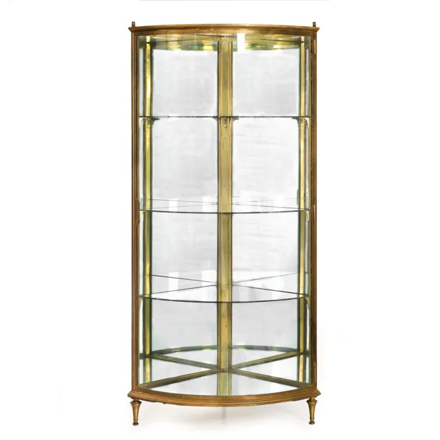 French Art Deco Brass & Glass Curio Display Corner Cabinet, circa 1940s