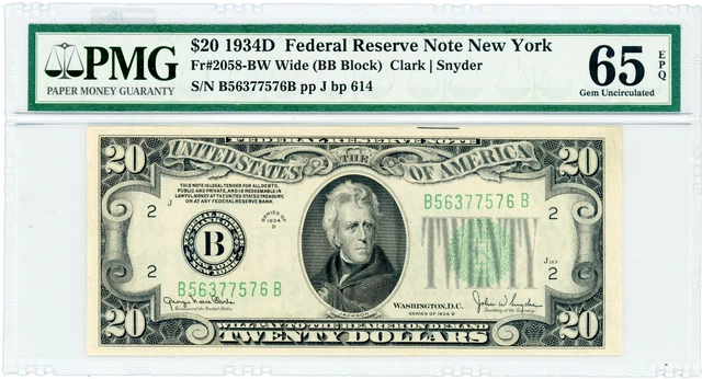$20 1934D Federal Reserve Note New York  Fr#2058-BW Wide  B56377576B  PMG 65 EPQ