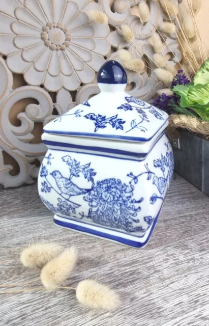 Hamptons Blue White Jar Pomegranate & Bird Coastal Provincial Farmhouse 17cm H