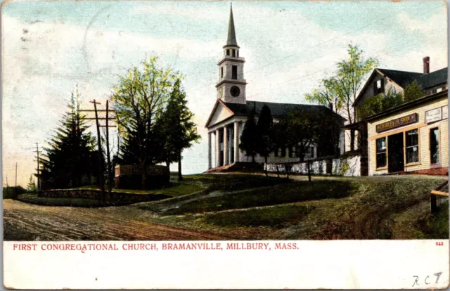 First Congregational Church, Bramanville, Millbury, MA Postcard POSTED 1907