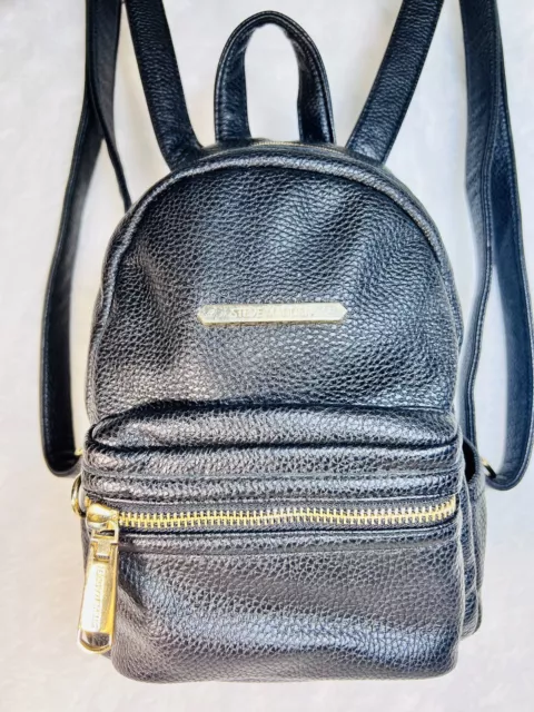 Steve Madden Mini Backpack Black Bag Purse Faux Leather Handbag Logo Gold 10x7"