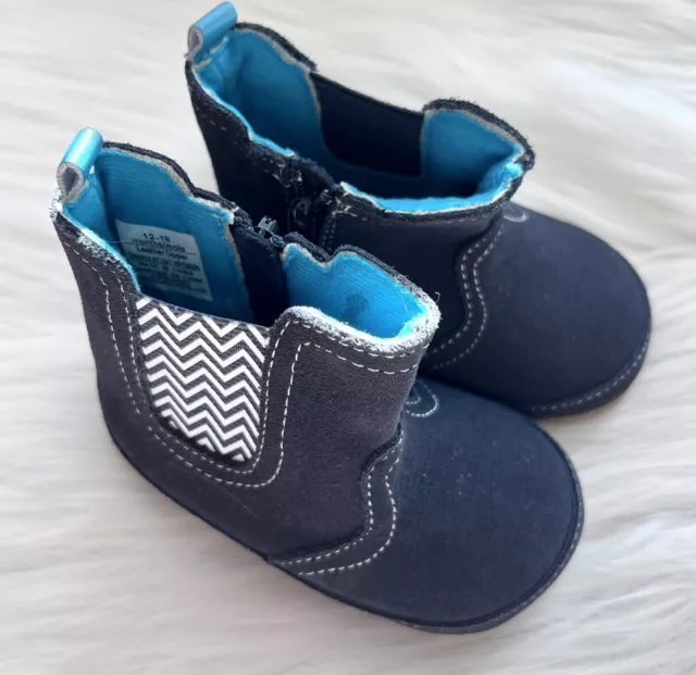 Robeez 12 18 M Baby Maddox First Kicks Navy Blue Leather Booties Boots Chevron