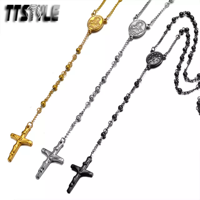 TTStyle 4mm Stainless Steel Rosary Bead Necklace 3 Colours NEW