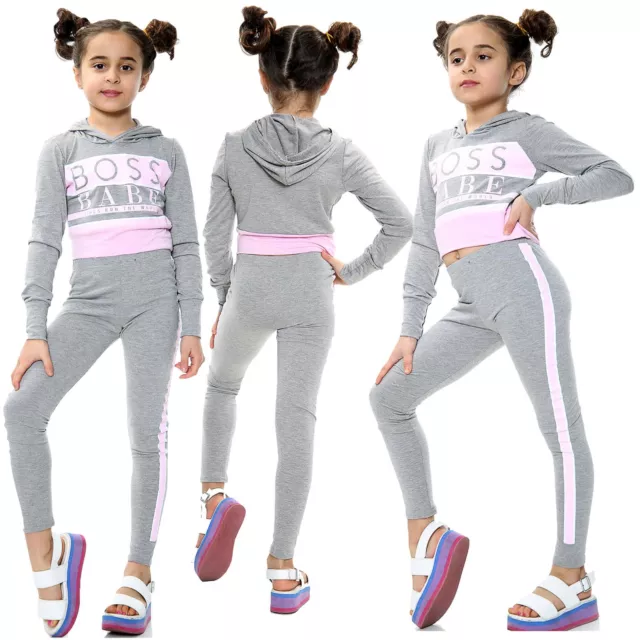 Kids Girls Crop Top Boss Babe Print Grey Hooded Top & Trendy Legging Outfit Sets