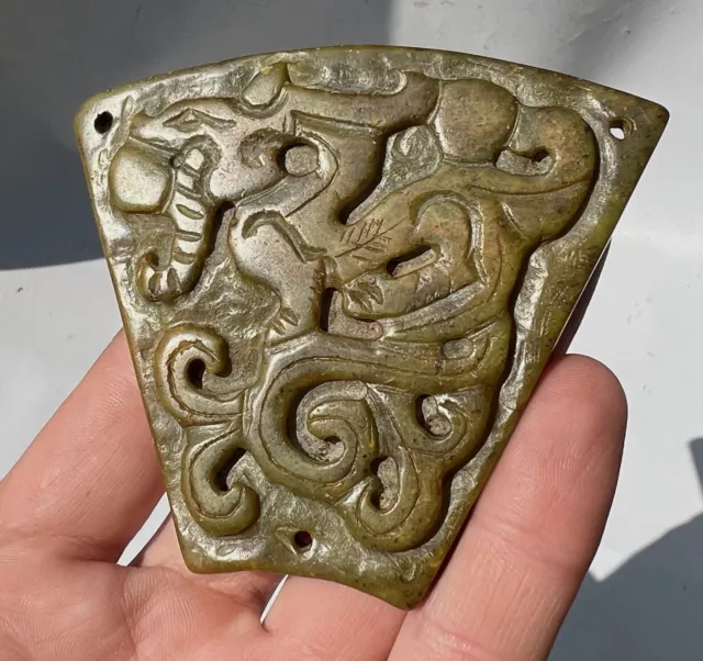 Ancient Chinese Nephrite Jade Green Dragon Carving Axe Blade Pendant