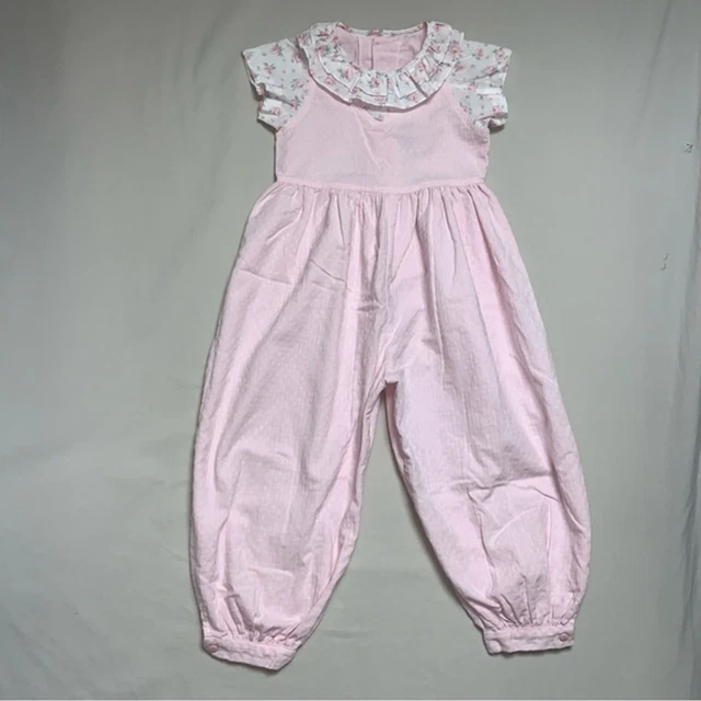 Vintage Pink Retro Floral Pattern Romper Jumper Girl’s 4 5 Summer Ruffle Cute