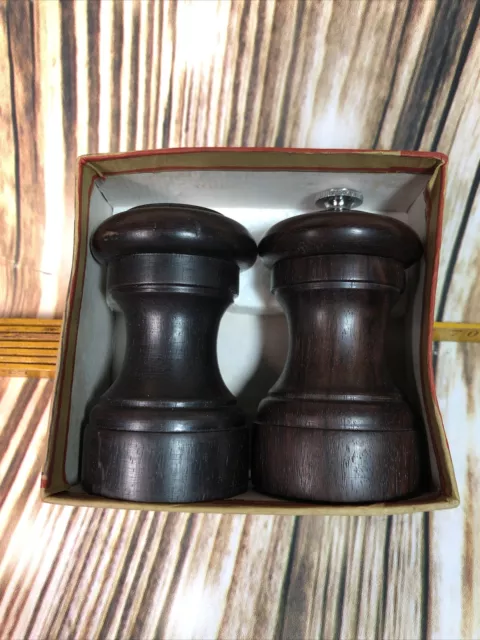 Vintage Indian Dark Wood Pepper Mill and Salt Shaker Set Original Box
