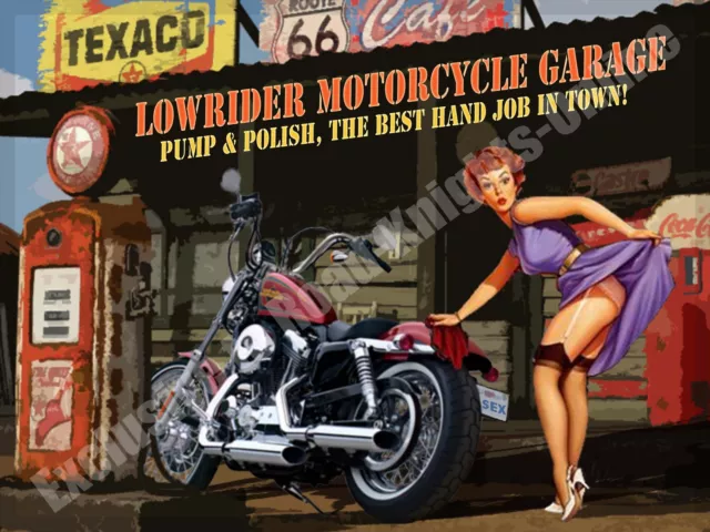 Lowrider Motorcycle Garage, Funny Crusier Motorbike Chopper Small Metal Tin Sign