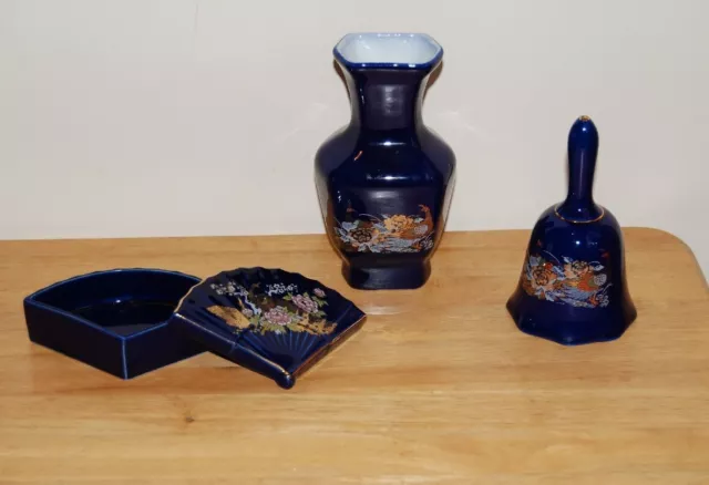 Lot of 4 Pcs Vintage Cobalt Blue Vase ,Fan & Bell, Floral Design, Made in Japan