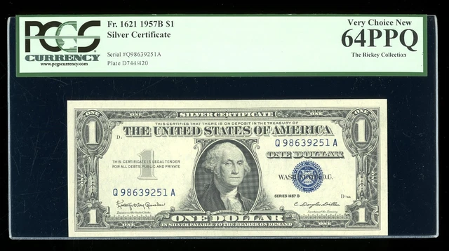 DBR $1 1957-B Silver Fr. 1621 QA Block PCGS 64 PPQ Serial Q98639251A