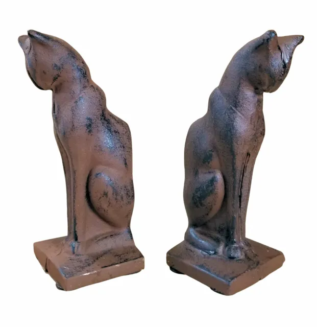 Cast Iron Pair Cat Bookends Heavy Rustic Brown COI