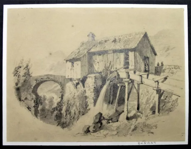Ancien Dessin Au Crayon 19ème siècle,Ecole Du Nord Paysage, Le Pont,à Identifier