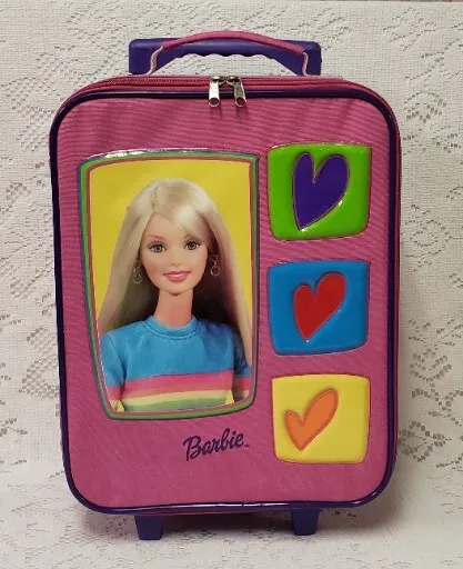 Vtg 2002 Barbie Overnight Rolling Suitcase Wheels Zip Handle Pink 16" x 12” RARE