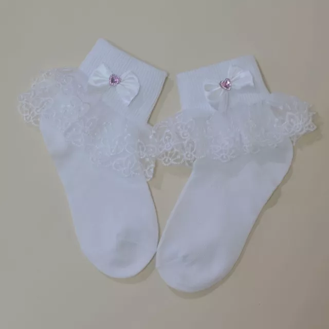 3 pairs Girls Kids White Frilly Ankle Cotton School Lace Socks Size 9-12