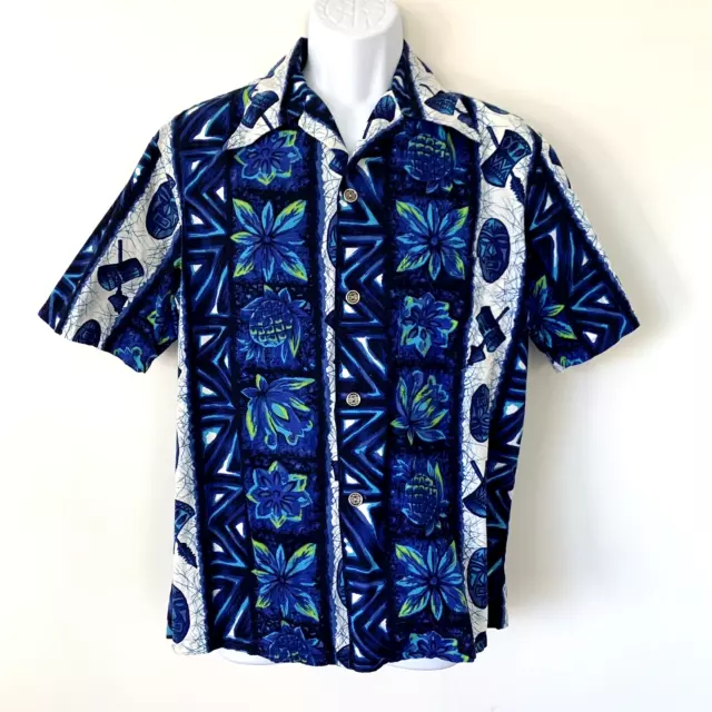 Ui-Maikai Hawaiian Short Sleeve Shirt Tiki Drum Tribal Mask Blue Mens Sz S Small