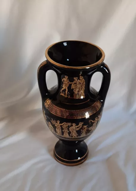 Greek Vase made In Greece 24K Gold Trim 7 1/2"” Tall Black Mythology  Preowned