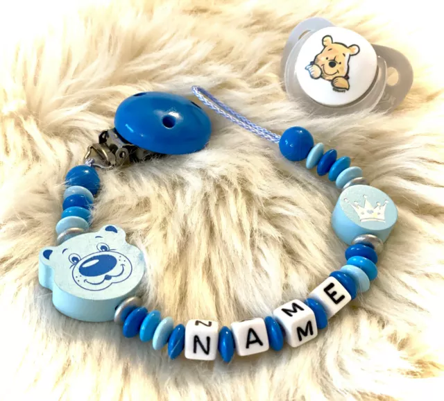 Tétine avec Noms, Ourson Et Couronne, Bois, Cadeau pour La Bébé à la Naissance