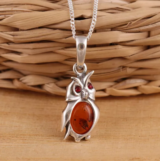 Baltic Amber 925 Sterling Silver Owl Pendant Necklace Curb Chain Gift Boxed