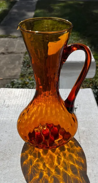 11" Empoli Italian Blown Art Glass Amber Optic Pitcher Vase Applied Handle MCM