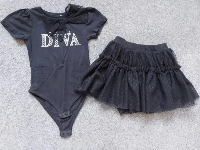 Girls River Island 2 Piece Outfit, Black Bodysuit Top/Skirt, 18-24 Months
